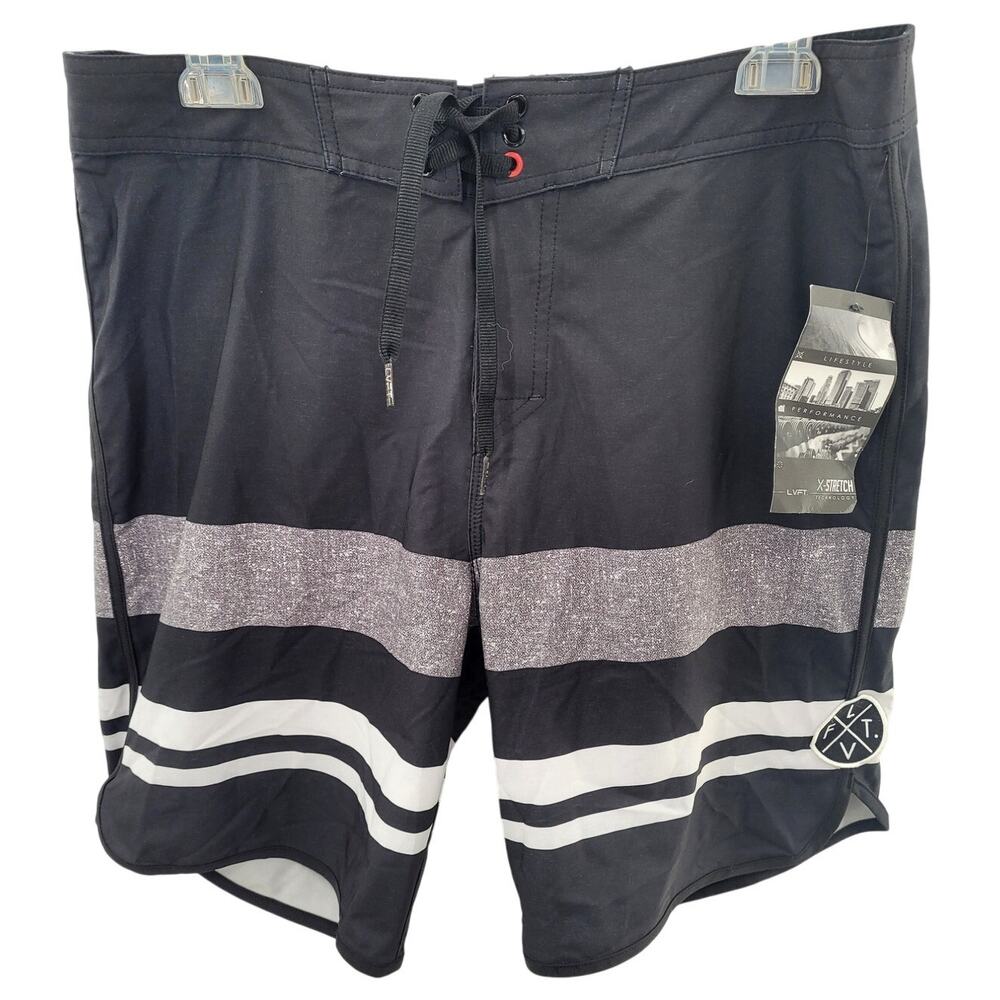 LVFT Fit Black White Striped Surf Swim Relax Stretch Board Shorts size‎ 32